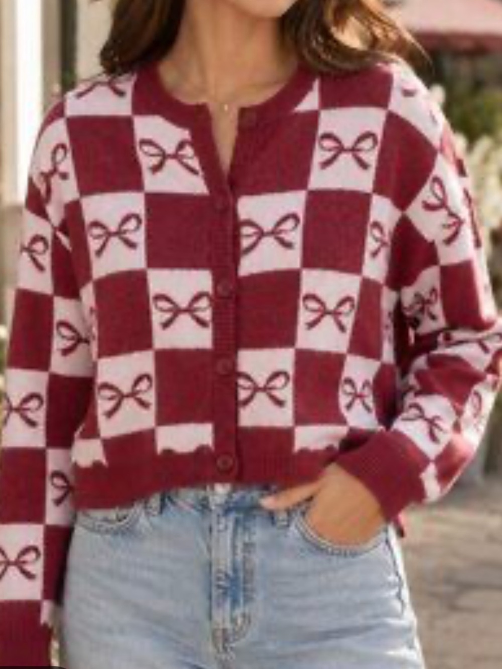 Sincerely Jules Red Bow Checkered Cardigan Size Med